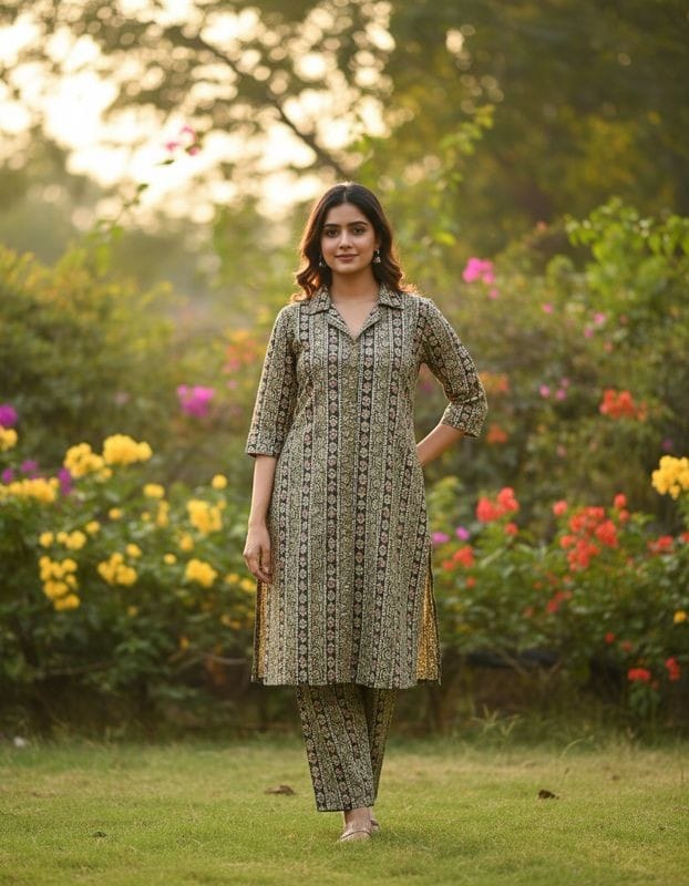 Cotton Cordset with Collar Neck Black and Light Colour Mix